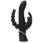 Svart HappyRabbit Triple Curve vibrator med buet stav, kaninører og analkuler i silikon.