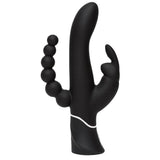 Svart HappyRabbit Triple Curve vibrator med buet stav, kaninører og analkuler i silikon.