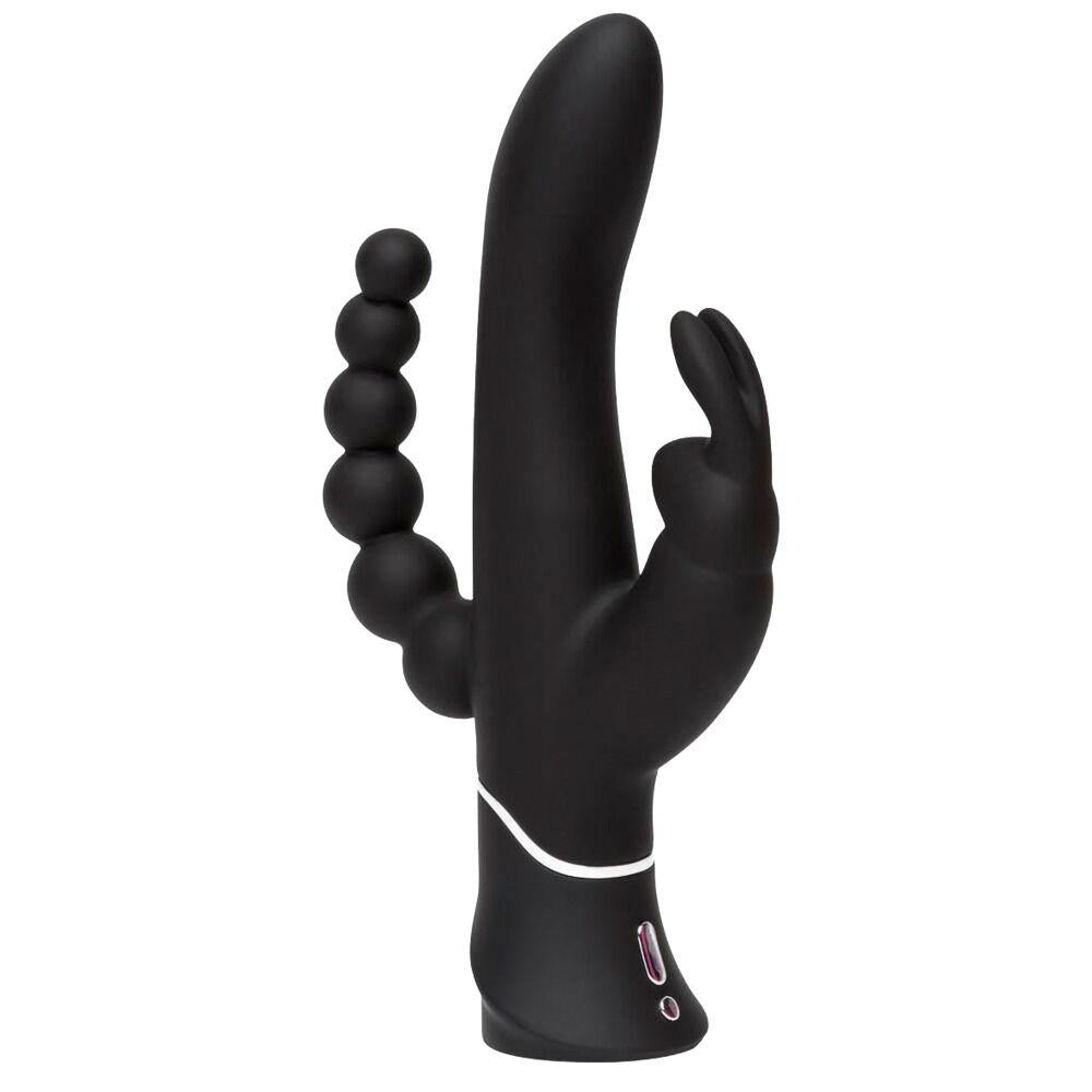 Svart Happy Rabbit Triple Curve vibrator i silikon med G-punktstav, klitorisører og analkuler.