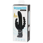 HappyRabbit Triple Vibrator i svart silikon med buet stav, kaninører og analkuler, vist i eske.