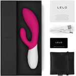 LELO Ina Wave 2 rabbitvibrator i hot pink silikon, med hvit base, i eske med tilbehør.
