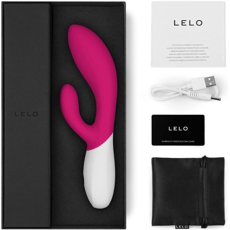 LELO Ina Wave 2 rabbitvibrator i hot pink silikon, med hvit base, i eske med tilbehør.
