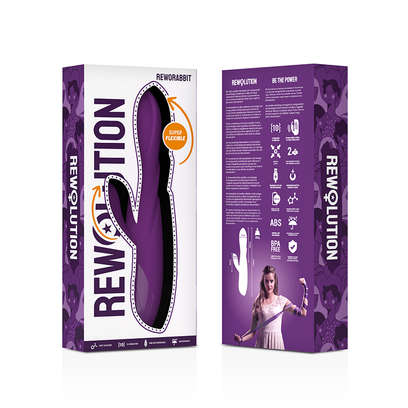 Lilla REWORABBIT fleksibel rabbitvibrator i emballasje, med produktfunksjoner og modell.