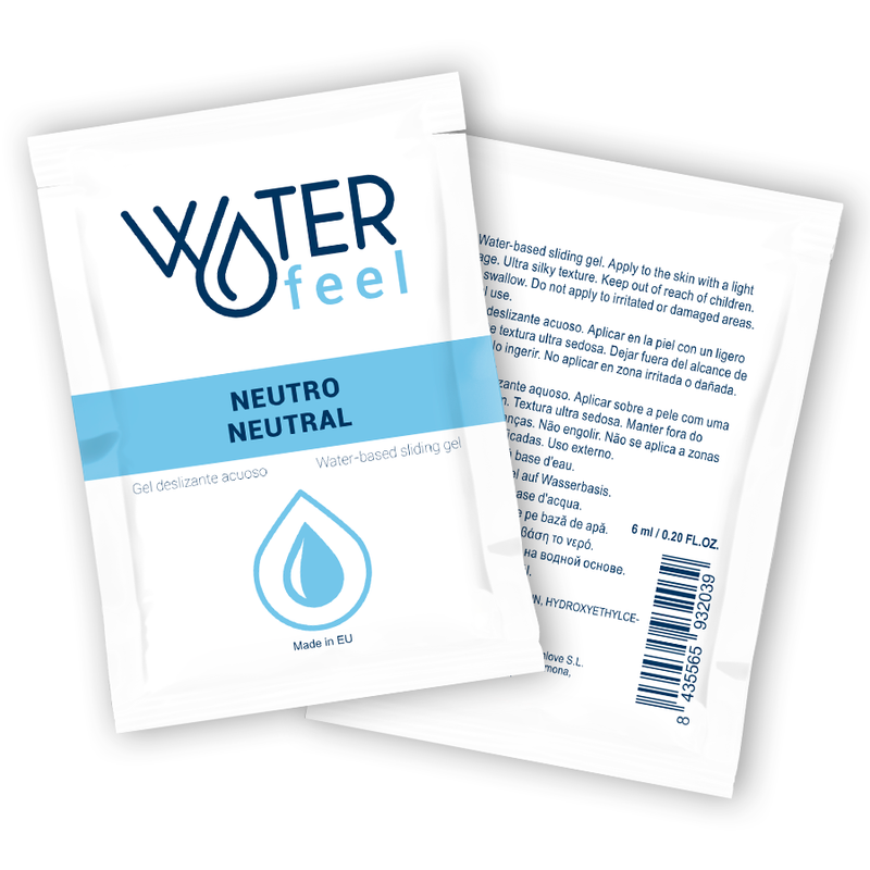 Hvit Waterfeel Neutro vannbasert glidemiddel i en liten, flat engangspakke.