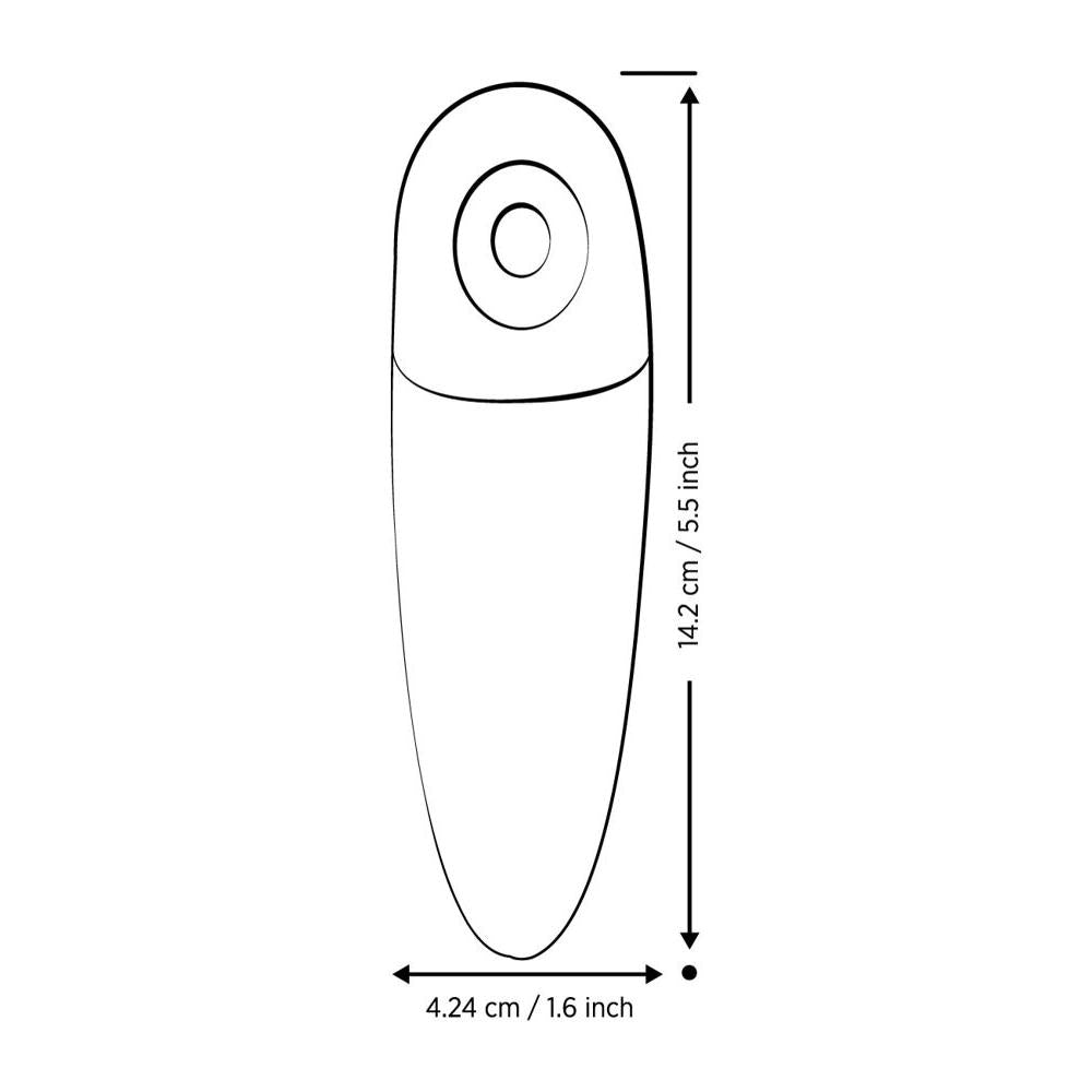 Skisse av ROMP Shine X lufttrykksvibrator, viser slank, avrundet design med målene 14.2 cm x 4.24 cm.
