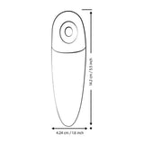 Skisse av ROMP Shine X lufttrykksvibrator, viser slank, avrundet design med målene 14.2 cm x 4.24 cm.