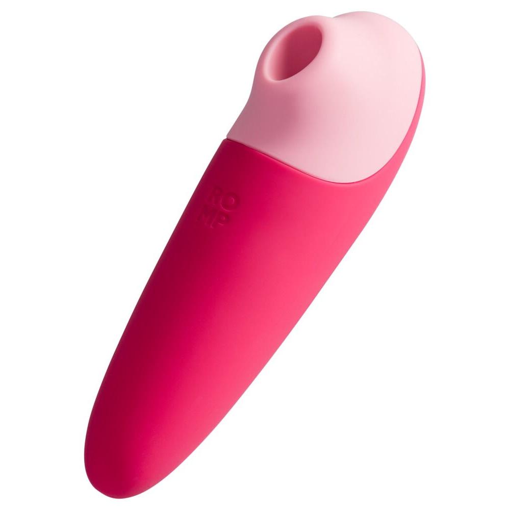 ROMP Shine X lufttrykksvibrator i matt rosa silikon med lyserosa tupp og logo.