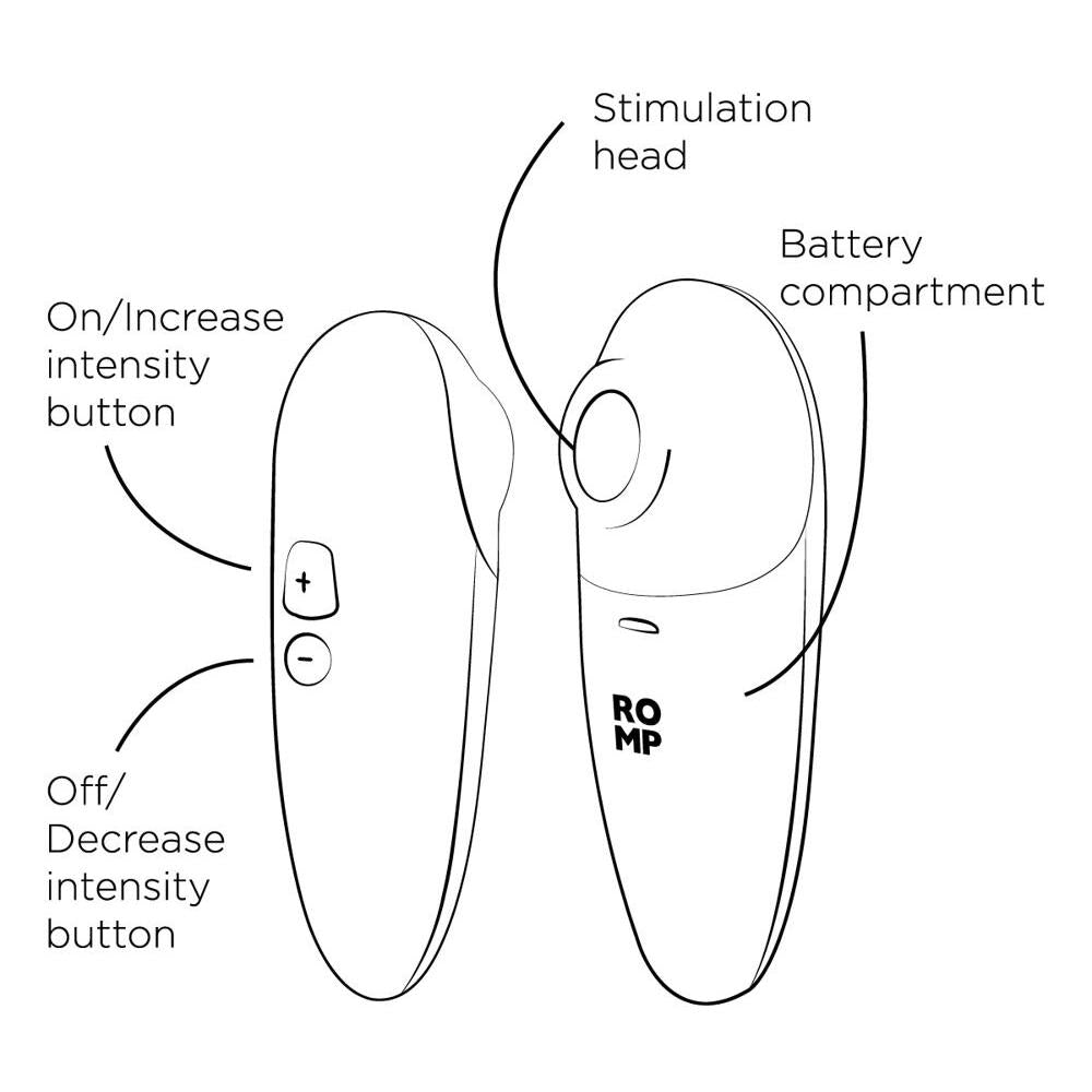 Skisse av ROMP Switch X sugevibrator med knapper, stimuleringshode og batterirom.