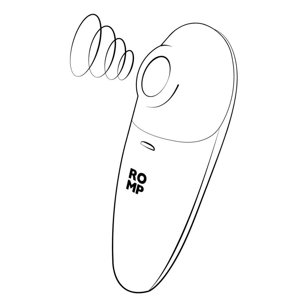 Svart-hvitt strektegning av en ROMP Switch X sugevibrator med Pleasure Air-teknologi.