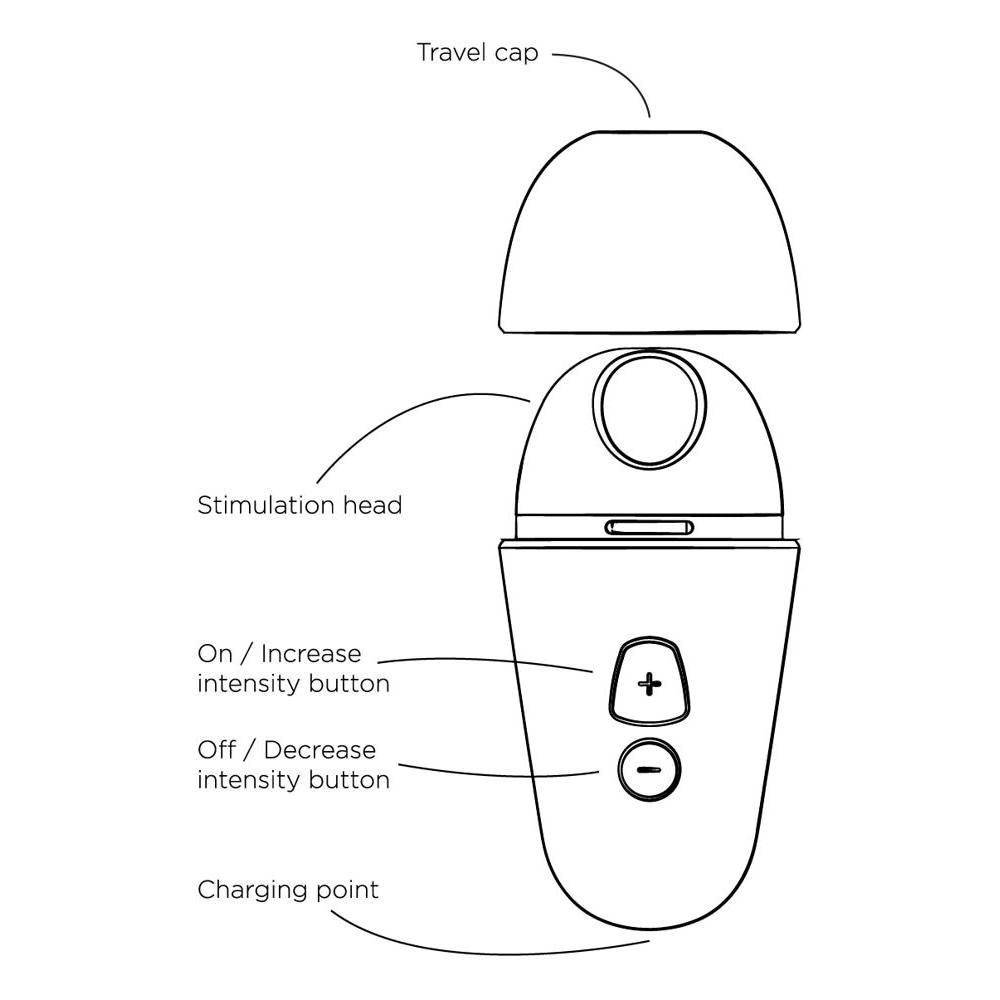 ROMP Free X sugevibrator med avtakbar reisehette, stimuleringshode, intensitetsknapper og ladeport.