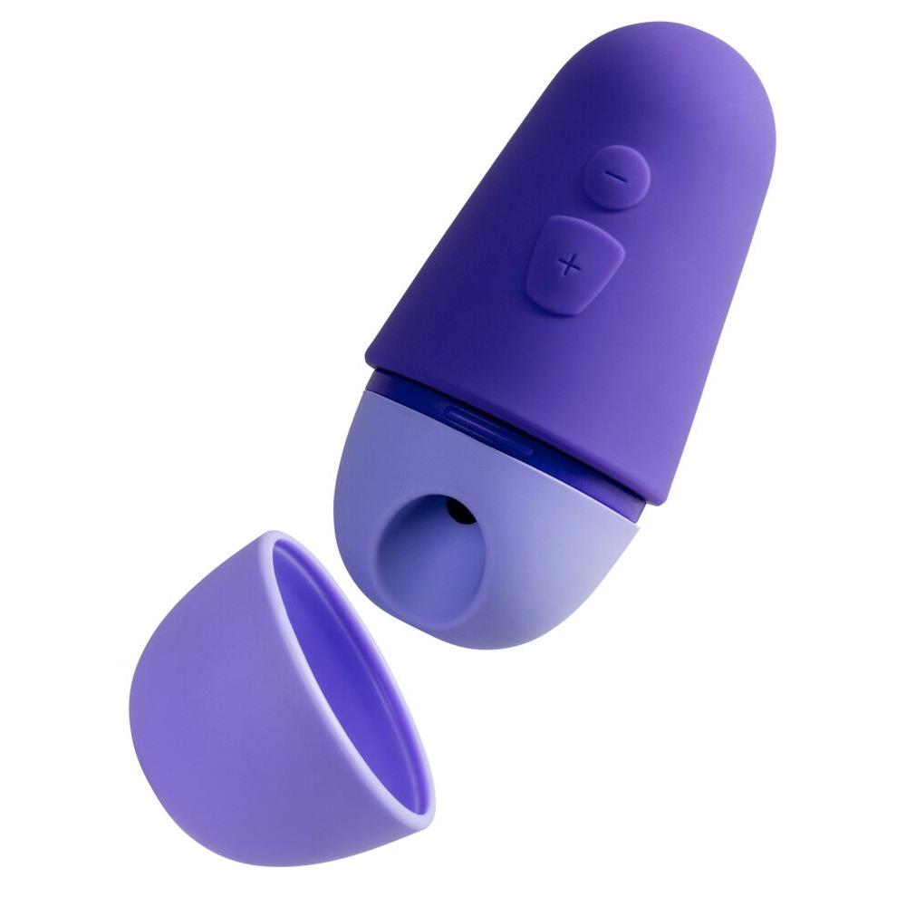 Lilla ROMP Free X sugevibrator i silikon med avtakbar hette og kontrollknapper.