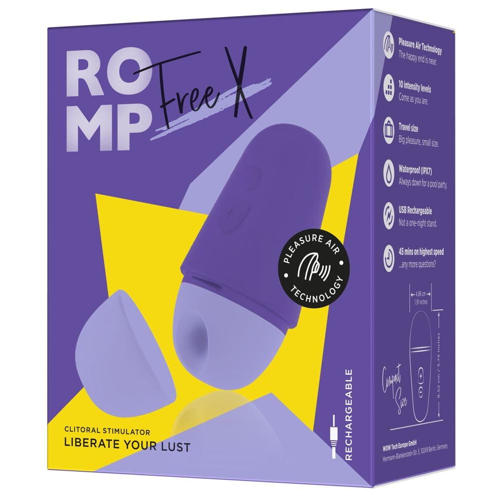 Lilla ROMP Free X sugevibrator med Pleasure Air-teknologi, vist i en lilla og gul emballasje.