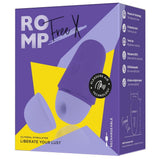 Lilla ROMP Free X sugevibrator med Pleasure Air-teknologi, vist i en lilla og gul emballasje.