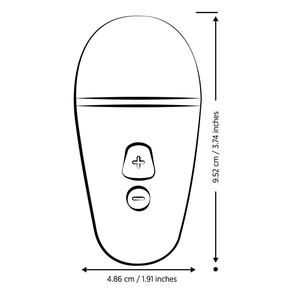 ROMP Free X sugevibrator med målene 9.52 cm høy og 4.86 cm bred, med pluss/minus-knapper.
