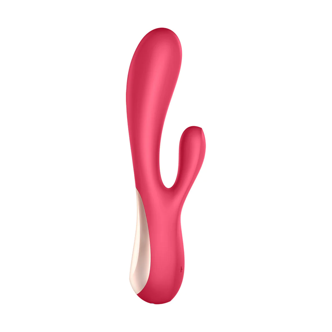 Satisfyer Mono Flex rabbitvibrator i bringebærrød silikon med hvit base og buet design.