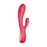 Satisfyer Mono Flex rabbitvibrator i bringebærrød silikon med hvit base og buet design.