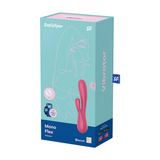 Satisfyer Mono Flex rabbitvibrator i bringebærrød silikon, vist i emballasjen med app-funksjoner.