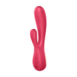 Bringebærrød Satisfyer Mono Flex rabbitvibrator i silkemyk silikon med appstyring og kontrollpanel.