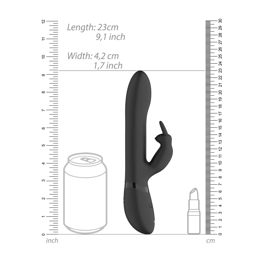 Svart Amoris rabbitvibrator i medisinsk silikon, 23 cm lang, med G-punkt og klitorisstimulator.