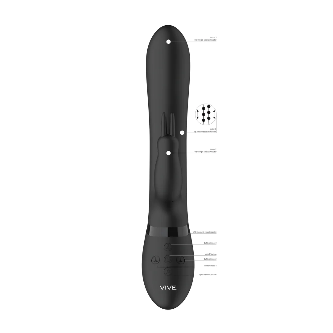 Svart Amoris silikon rabbitvibrator med G-punkt og klitorisstimulator, kontroller og ladeport.