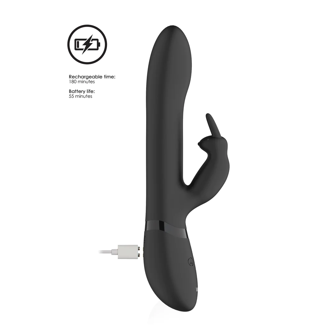 Svart Amoris Rabbit vibrator i medisinsk silikon med G-punkt og klitorisstimulator, viser ladeport.