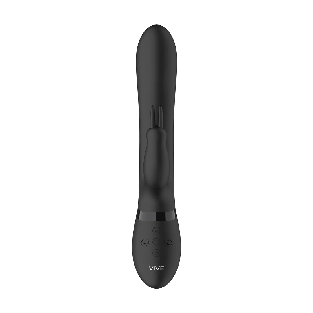 Svart Amoris rabbitvibrator i medisinsk silikon med G-punktvibrator, klitorisstimulator og kontrollknapper.