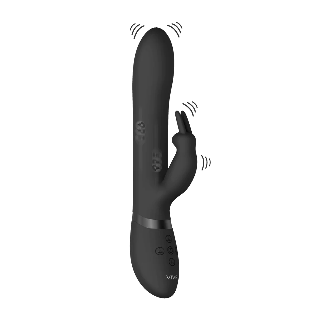 Amoris svart silikon rabbitvibrator med G-punkt og klitorisstimulator, kontrollknapper og VIVE-logo.