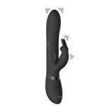 Amoris svart silikon rabbitvibrator med G-punkt og klitorisstimulator, kontrollknapper og VIVE-logo.