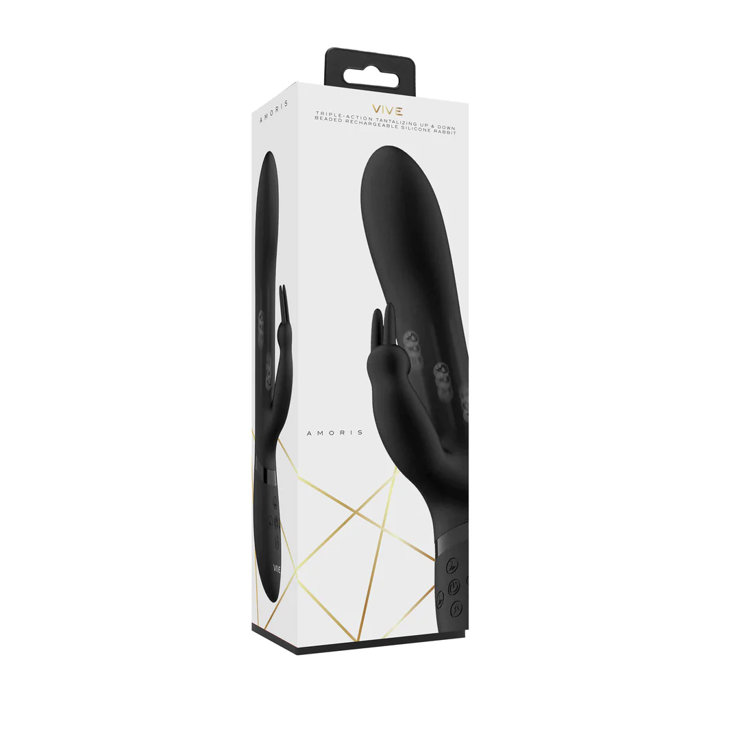 Amoris svart silikon rabbitvibrator i hvit eske med gullaksenter.