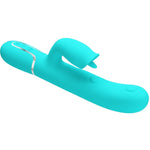 Turkis silikon kaninvibrator med slikkefunksjon og kontrollknapper.