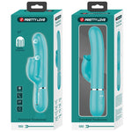 Turkis Pretty Love kaninvibrator med slikkefunksjon og magnetisk USB-lading, vist i emballasje.