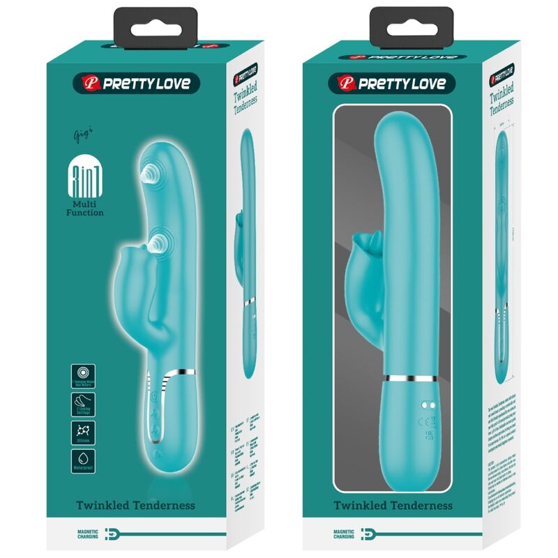 Turkis Pretty Love kaninvibrator med slikkefunksjon og magnetisk USB-lading, vist i emballasje.