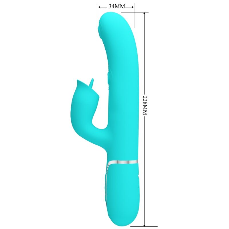 Turkis silikon kaninvibrator med slikkefunksjon, 228mm lang, 34mm bred, og sølvfarget detalj.