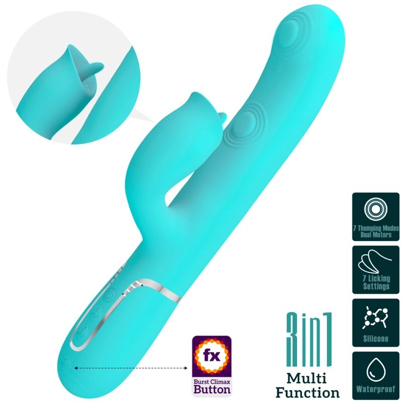 Turkis silikon kaninvibrator med slikkefunksjon, buet G-punktstimulator og kontrollknapper.