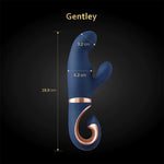 Gentley rabbitvibrator i karibisk blå silikon med rosegull detaljer og dimensjoner.