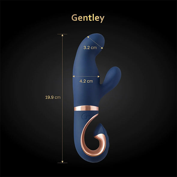 Gentley rabbitvibrator i karibisk blå silikon med rosegull detaljer og dimensjoner.
