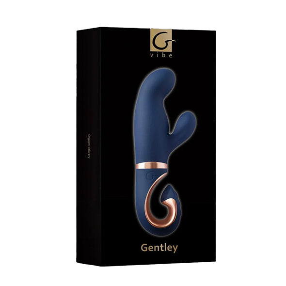 G-Vibe Gentley rabbitvibrator i karibisk blå silikon med rosegull detaljer, vist i svart eske.