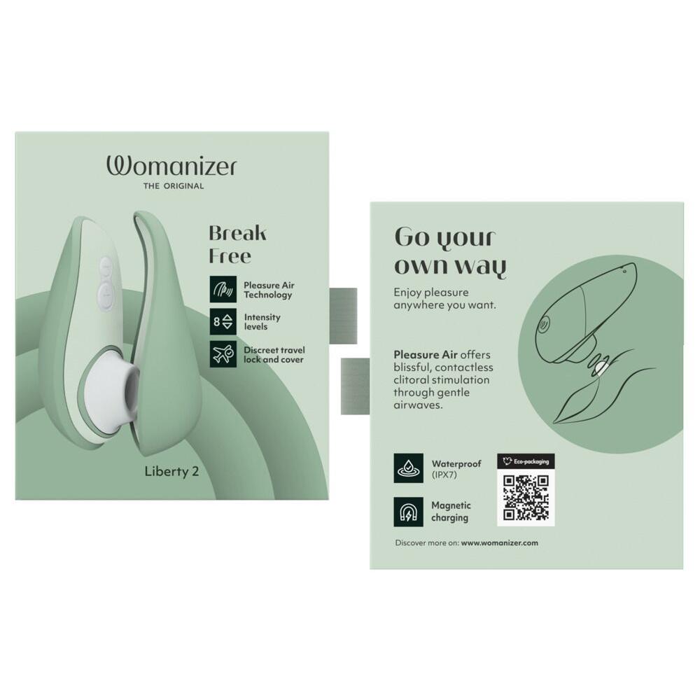 Womanizer Liberty 2 i myk mintgrønn med magnetisk deksel, viser Pleasure Air Technology og 8 intensitetsnivåer.