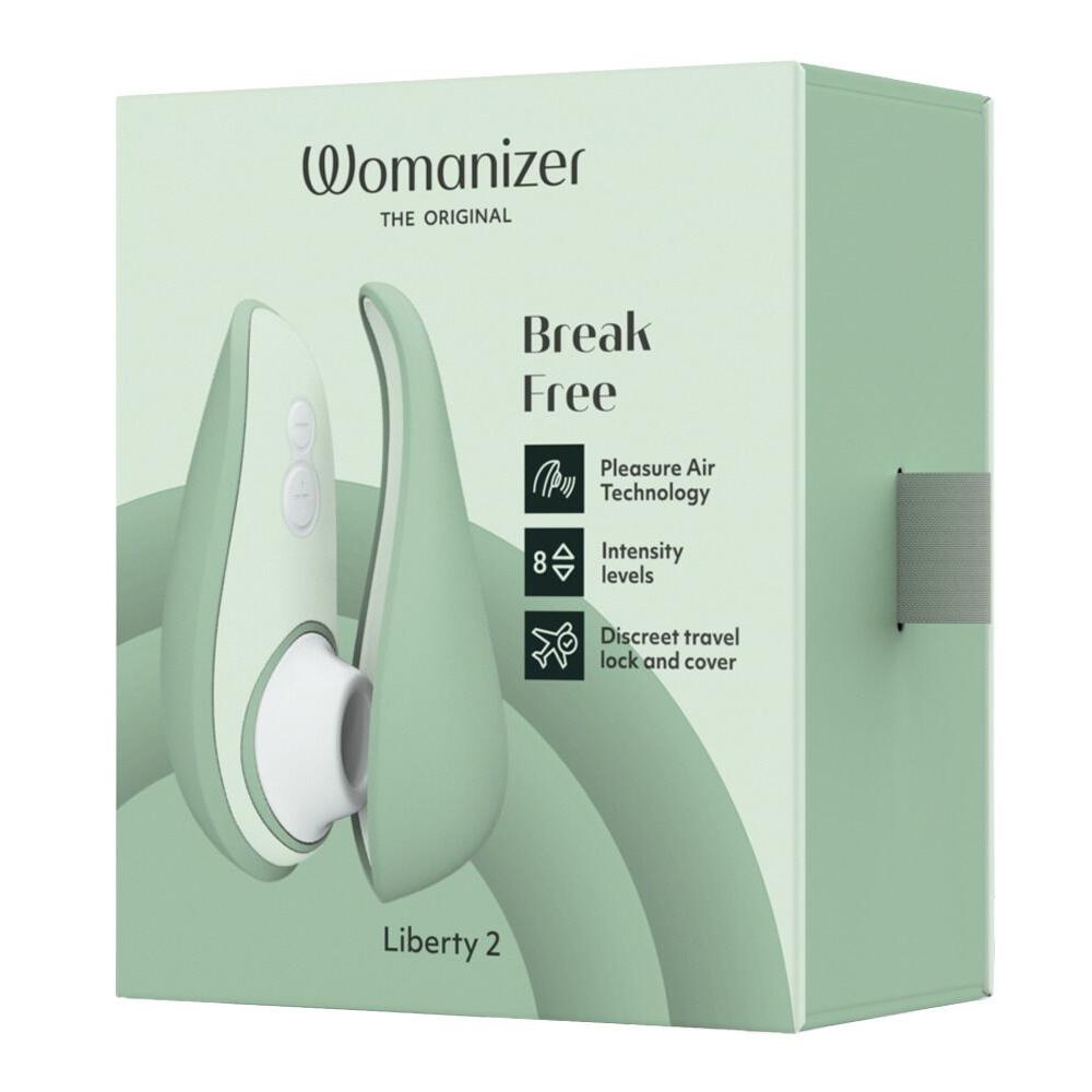 Womanizer Liberty 2 i myk mintgrønn, kompakt sugevibrator med magnetisk deksel og 8 intensitetsnivåer.