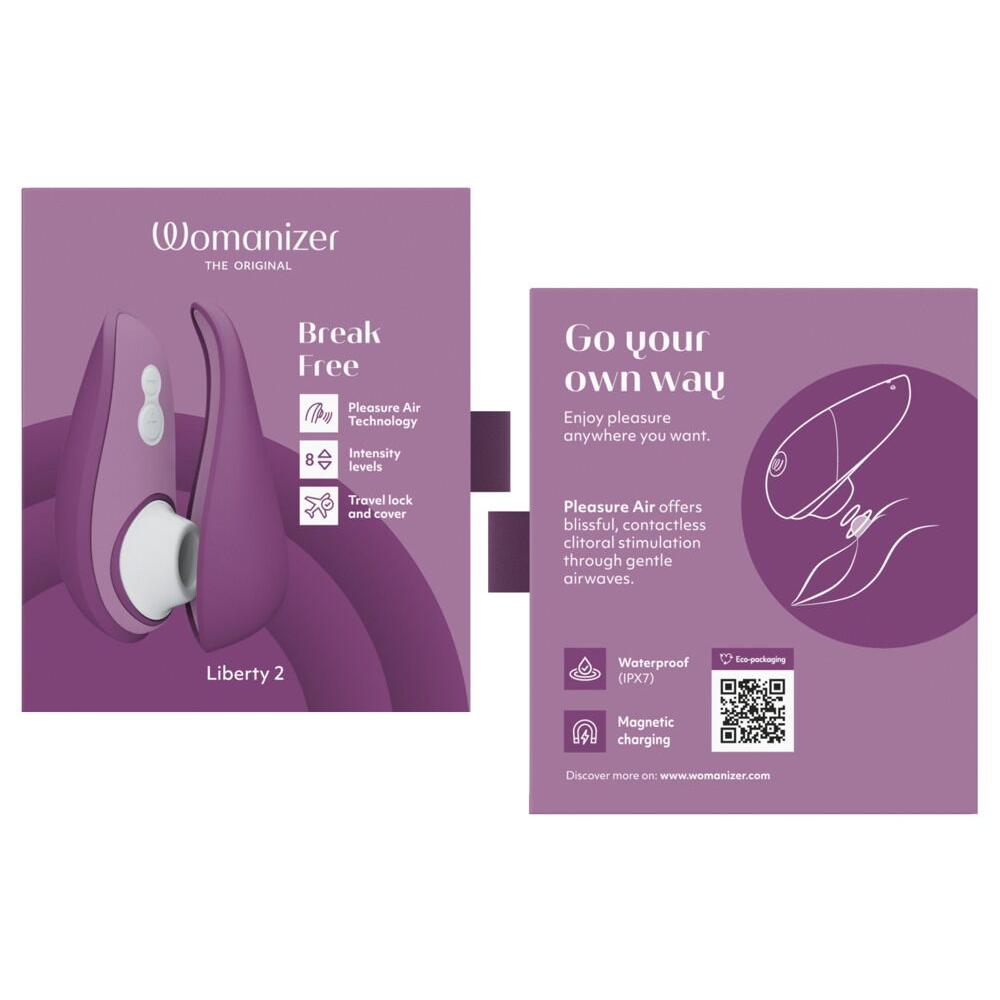 Lilla Womanizer Liberty 2 sugevibrator med Pleasure Air Technology, 8 intensitetsnivåer og magnetisk reisedeksel.
