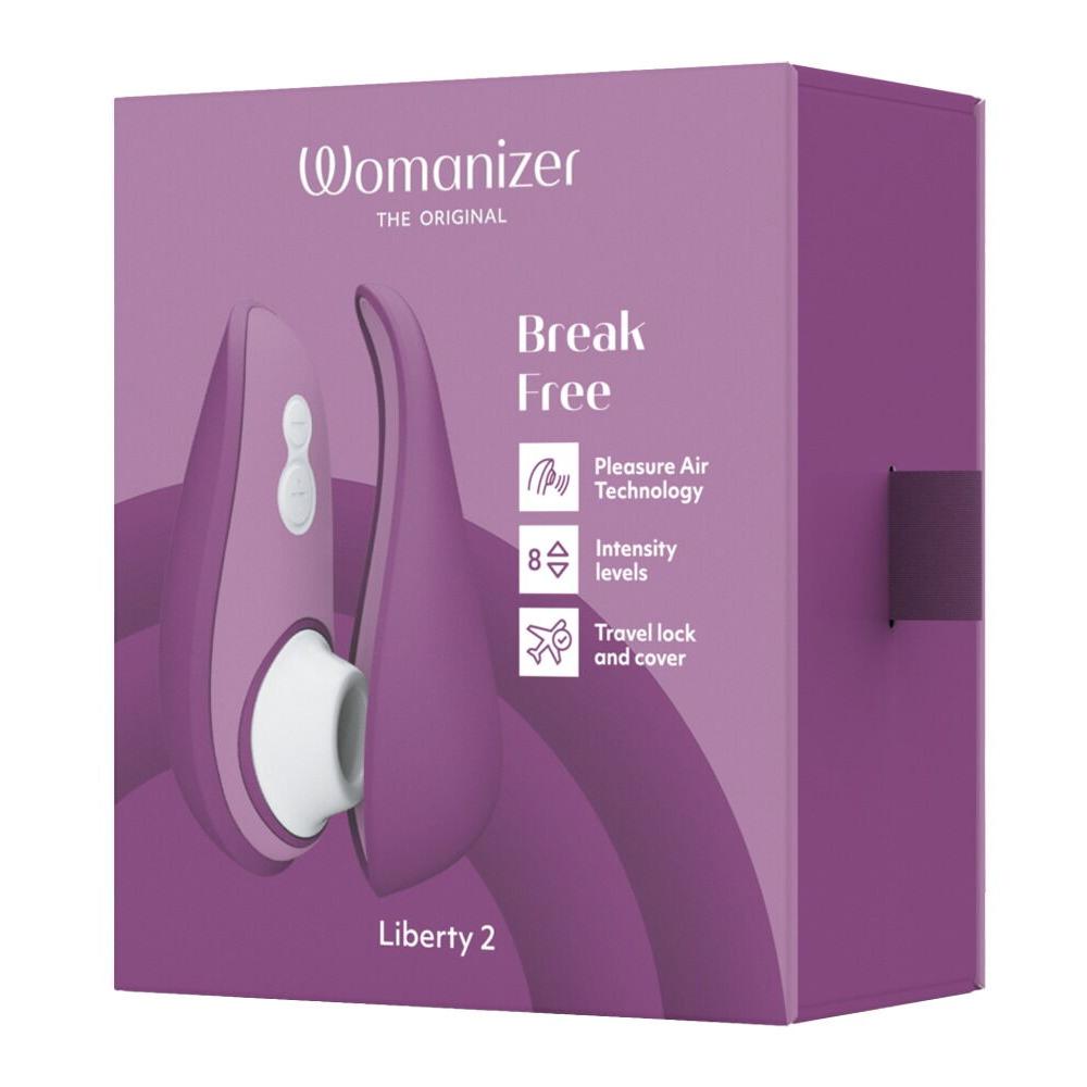Womanizer Liberty 2 i lilla, med magnetdeksel og Pleasure Air Technology, vist i esken.