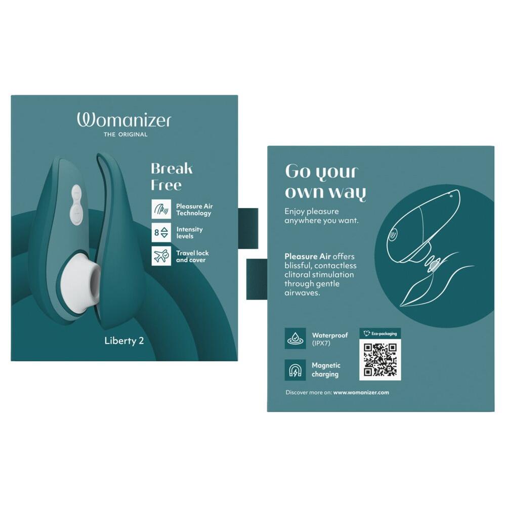 Womanizer Liberty 2 i mørkegrønn med hvit tupp, vist med funksjoner og reisevennlig design.