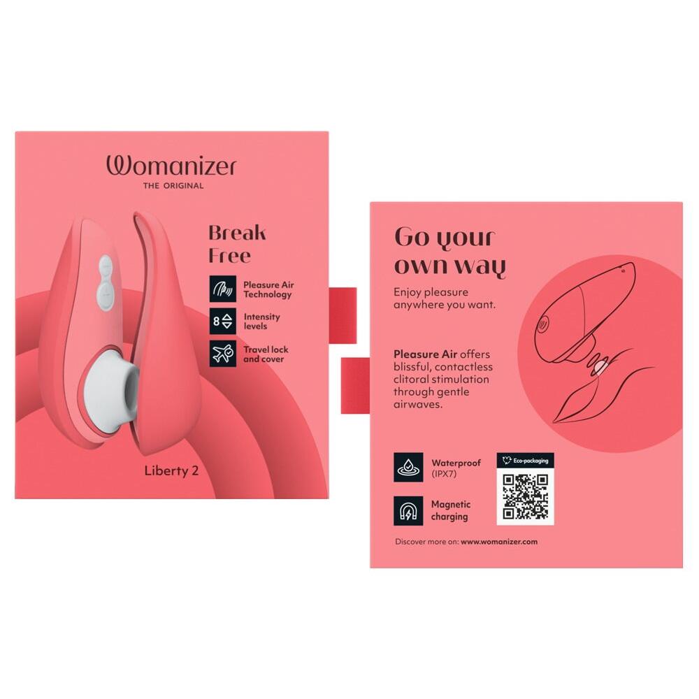 Womanizer Liberty 2 i korallrosa med magnetdeksel og funksjonsikoner.