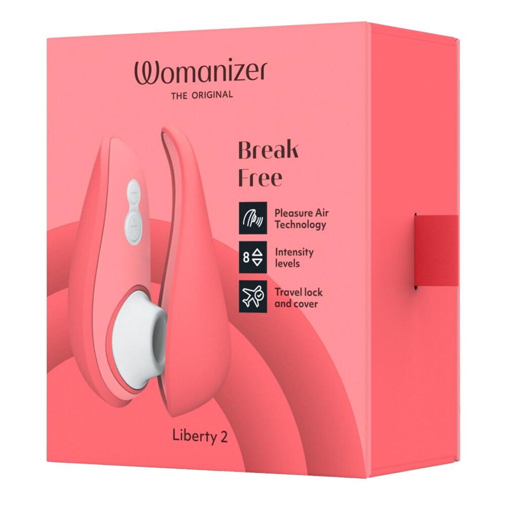Womanizer Liberty 2 i korallrosa, med magnetdeksel og Pleasure Air Technology.