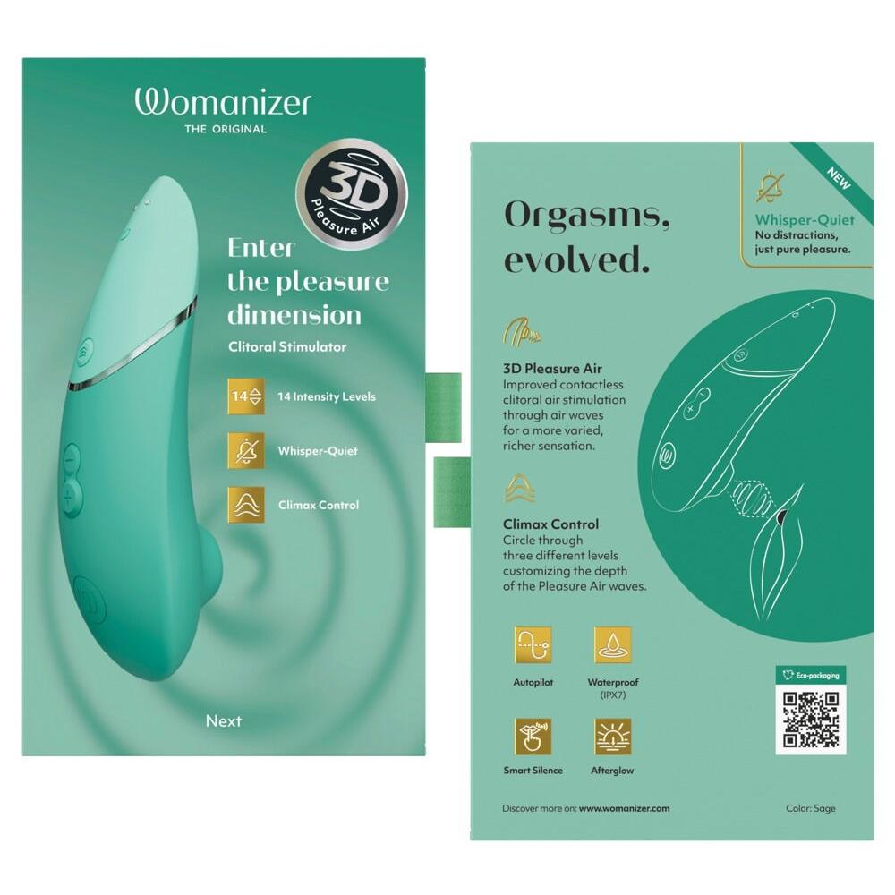 Mintgrønn Womanizer NEXT klitorisstimulator med 3D Pleasure Air-teknologi og elegant design.