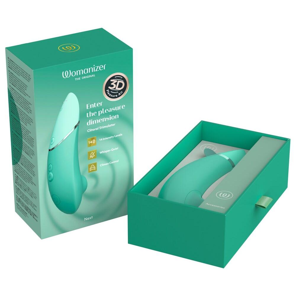 Mintgrønn Womanizer NEXT sugevibrator med slank design, vist i åpen og lukket eske.