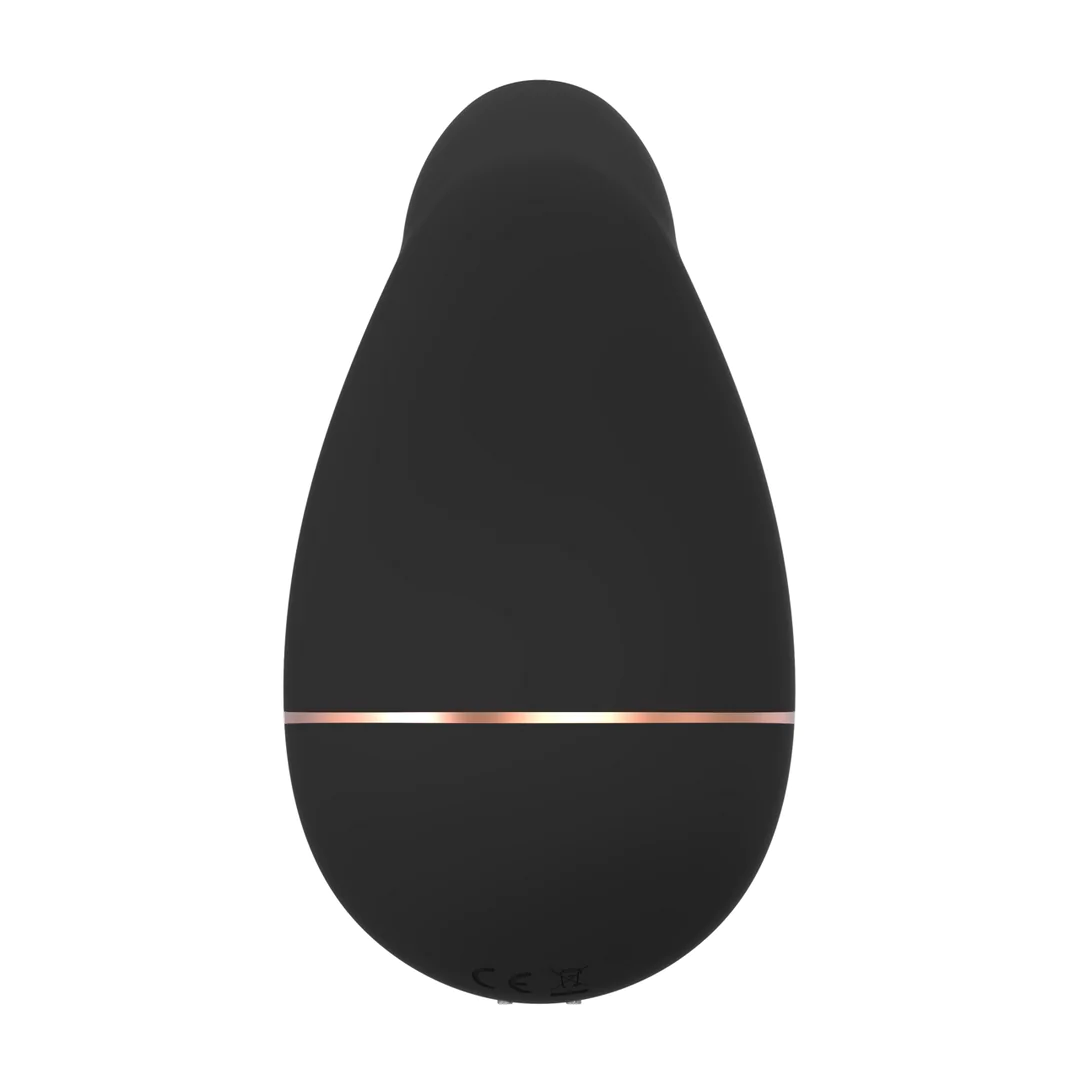 Sort, dråpeformet Kissable sugevibrator i medisinsk silikon med en elegant rosegull stripe.
