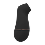 Sort, ergonomisk sugevibrator i medisinsk silikon med rosegull stripe og diskrete knapper.