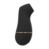 Sort, ergonomisk sugevibrator i medisinsk silikon med rosegull stripe og diskrete knapper.