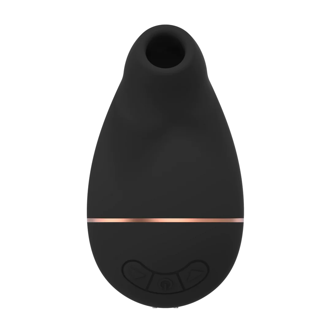 Sort, dråpeformet sugevibrator i medisinsk silikon med rosegull stripe og knapper.